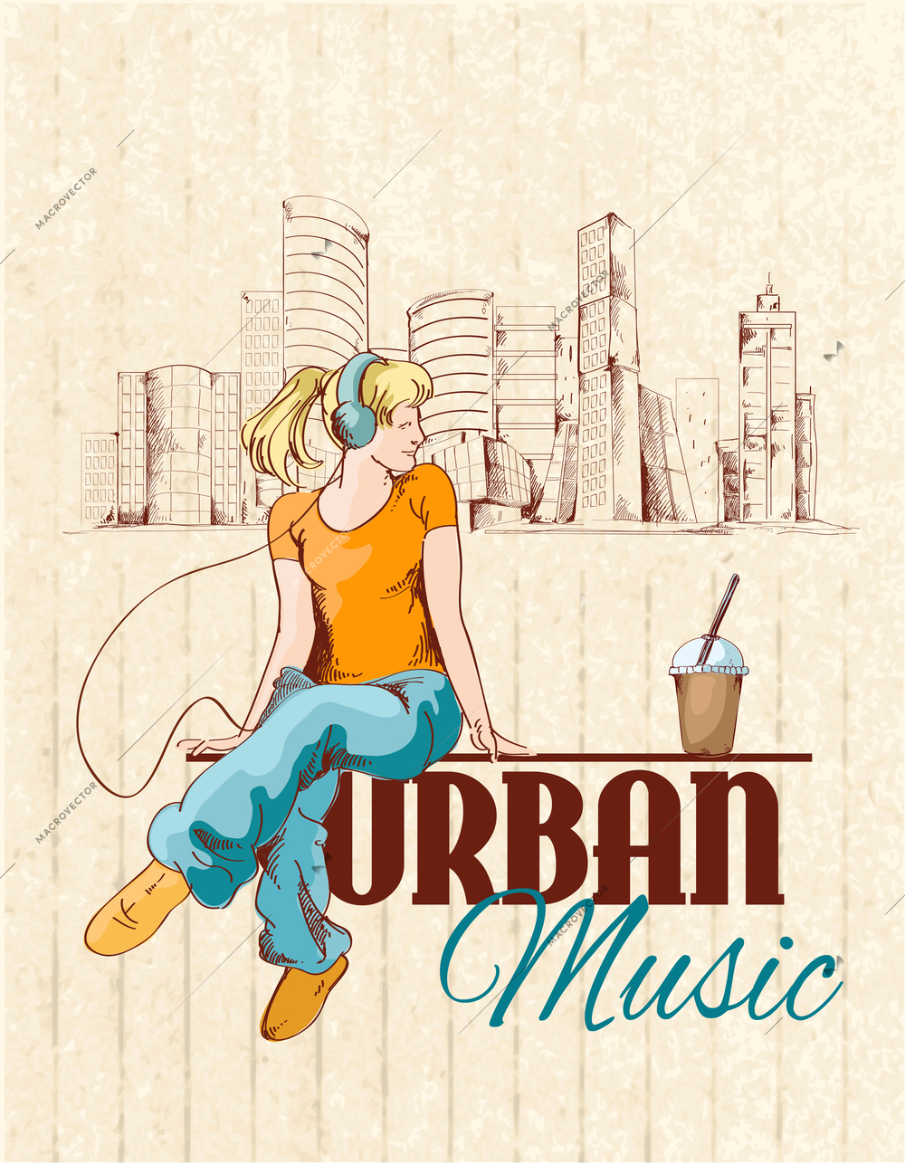 Urban music poster with young girl and city background sketch vector illustration