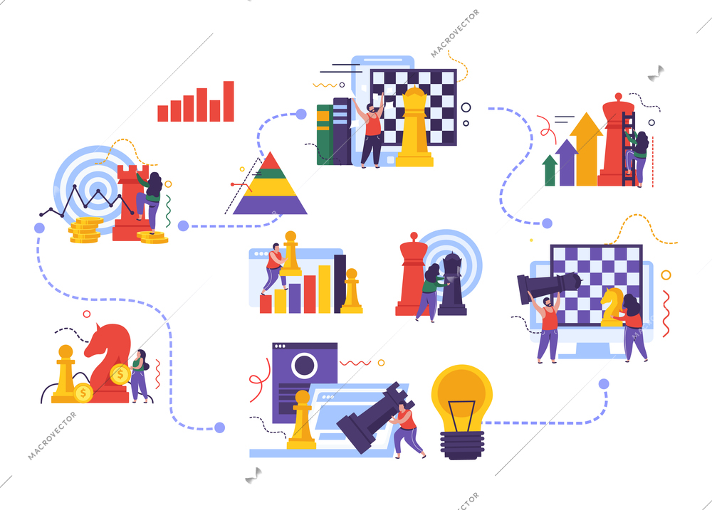 Business strategy concept with chess game symbols flat vector illustration