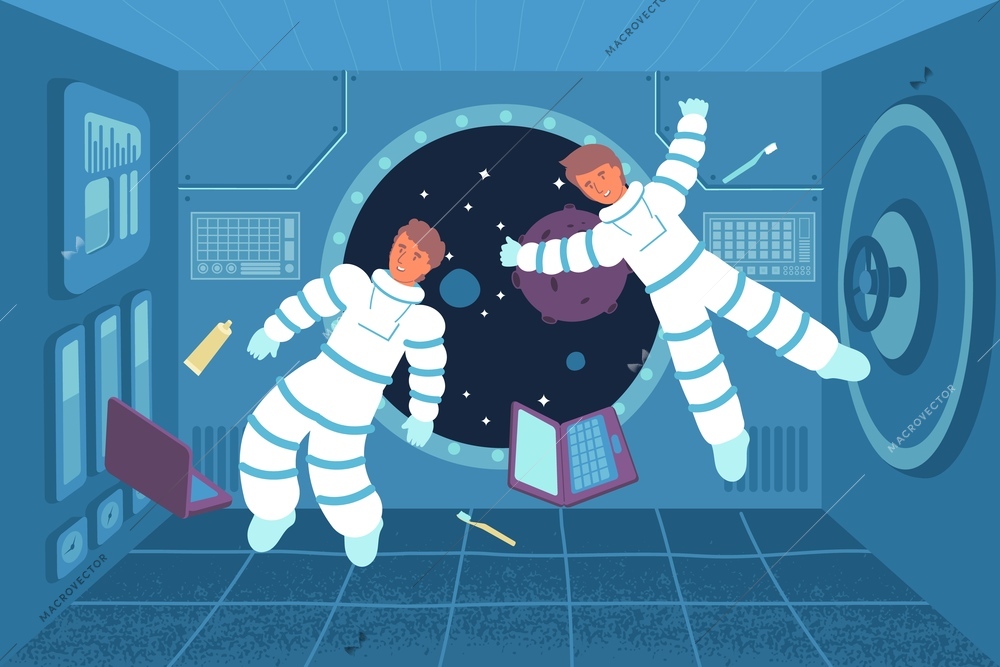 Astronaut weightlessness flat composition with view of two cosmonauts floating inside spacecraft with laptops and toothbrushes vector illustration