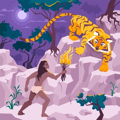 Mowgli coloring page design with rocks tiger and fire vector illustration