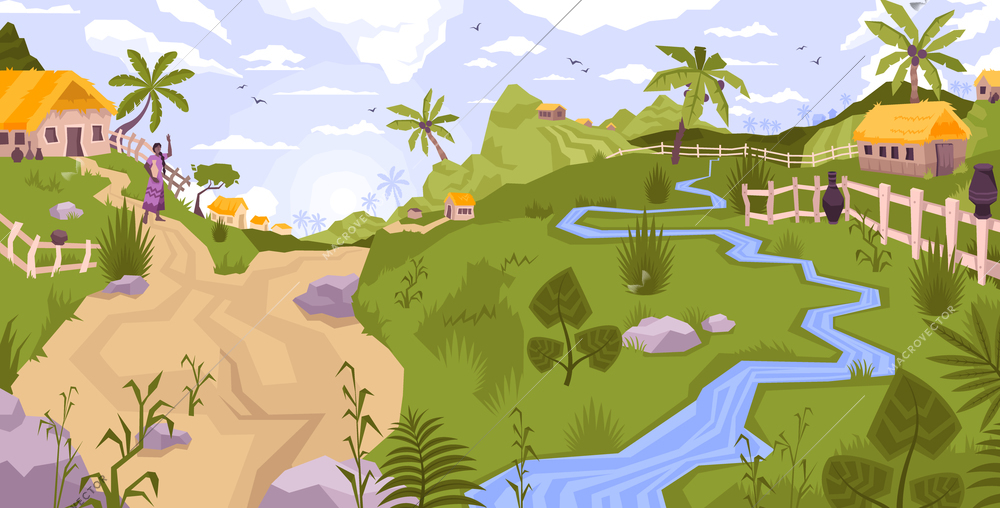 Landscape village flat composition with panoramic view of exotic country side with palms brook and hills vector illustration