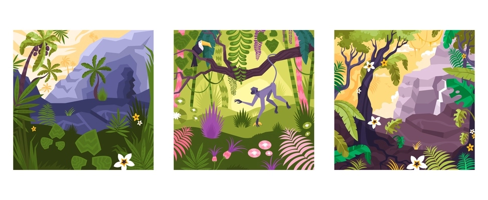 Landscape set of flat square compositions with colorful views of rainforest plants animals and mountain rocks vector illustration