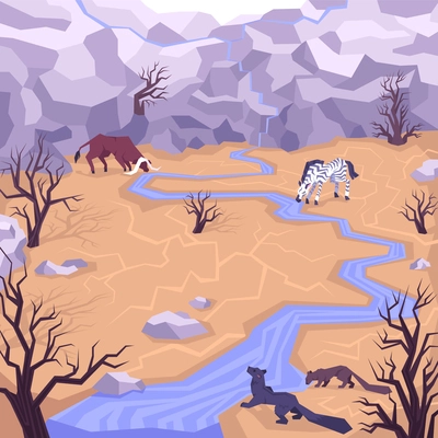 Landscape flat composition with outdoor view of drylands with dried trees and animals drinking from brook vector illustration
