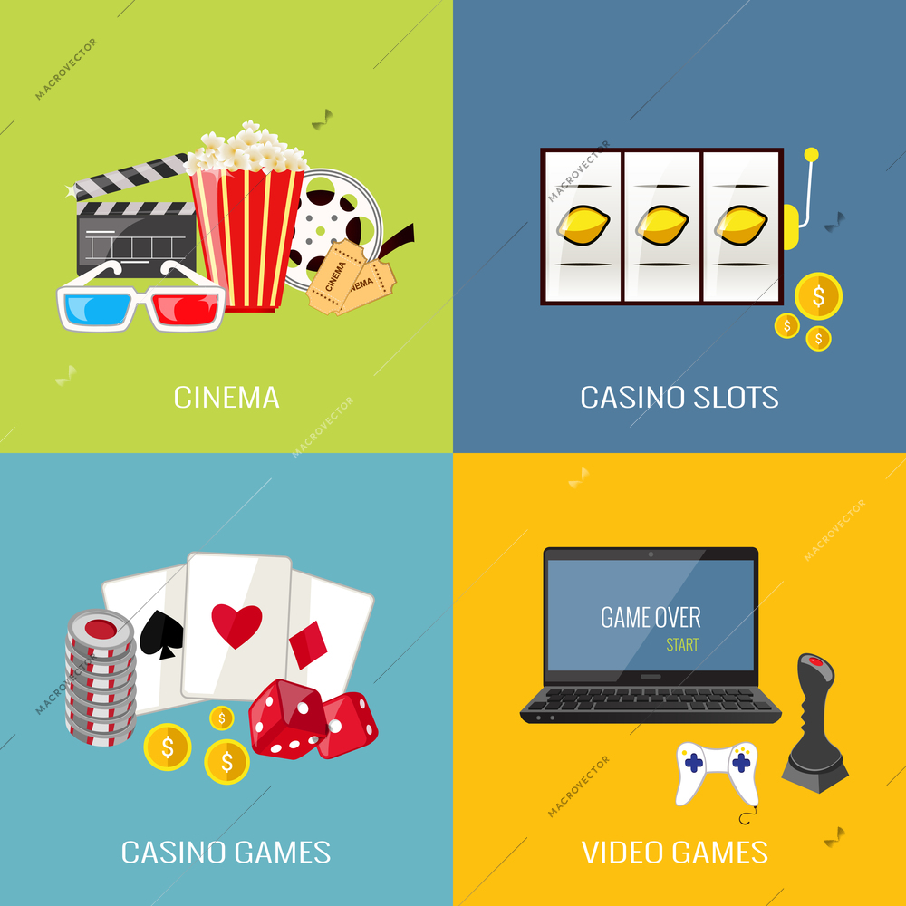 Leisure video sport and gambling casino games flat icons set isolated vector illustration