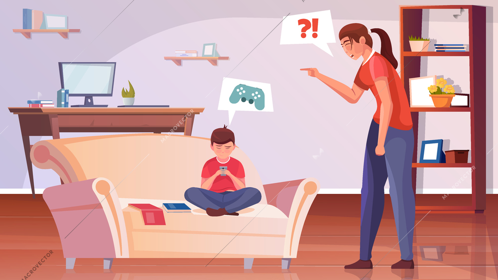 Motherhood flat background with angry mother scolds her little son for not doing his homework vector illustration