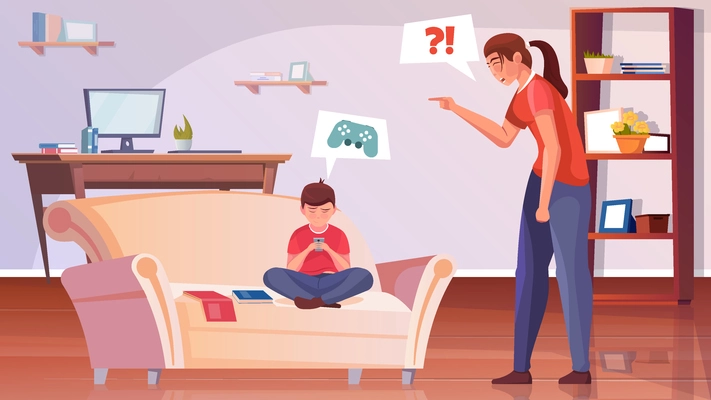 Motherhood flat background with angry mother scolds her little son for not doing his homework vector illustration