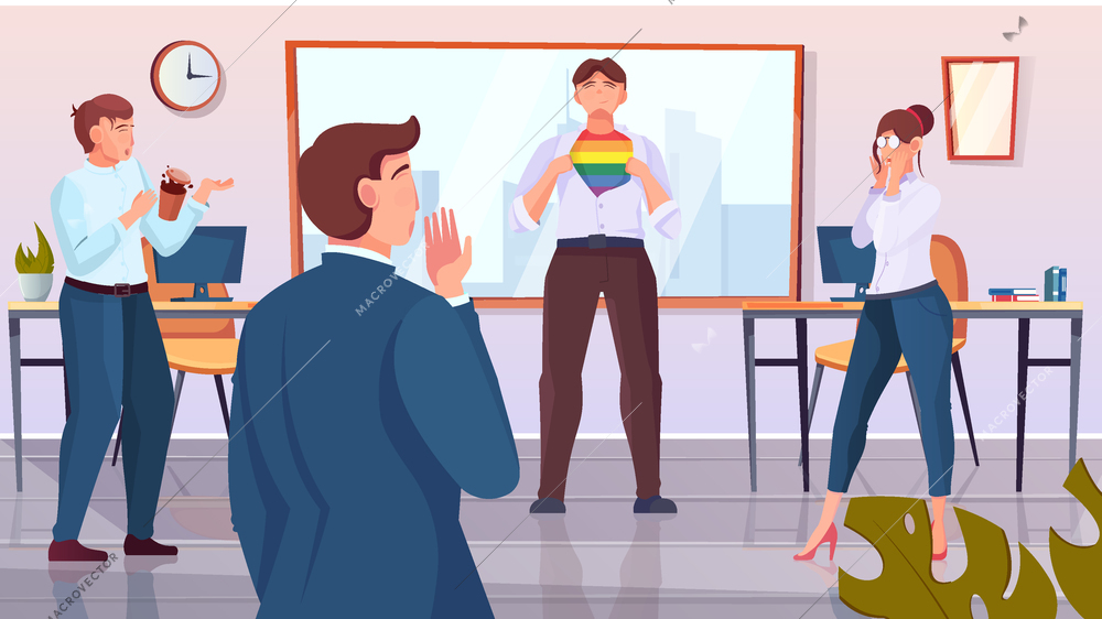 Group of employees expressing disagreement and dislike towards male person with the lgbt symbol  flat vector illustration
