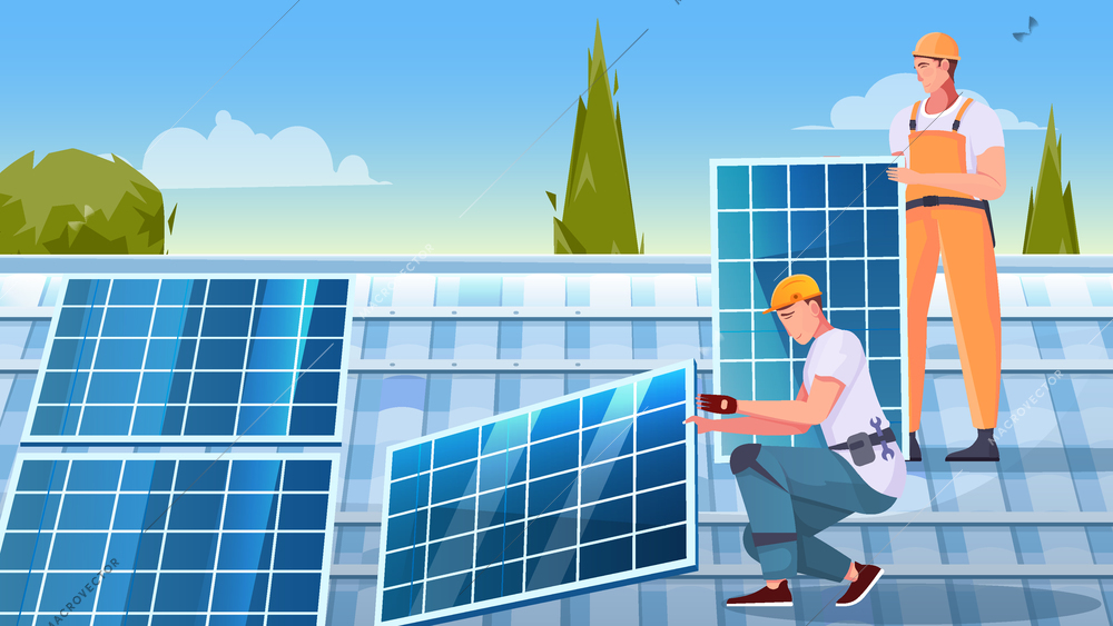 Solar panels installation flat composition with two male characters working on roof top vector illustration