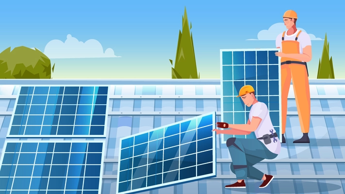 Solar panels installation flat composition with two male characters working on roof top vector illustration