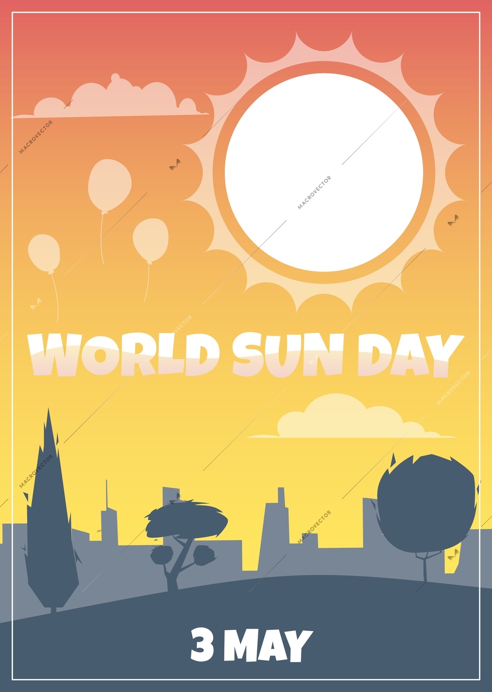 World sun day colored card with cityscape silhouette illuminated by sunlight and date flat vector illustration