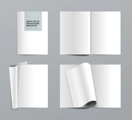 Magazine mockup realistic set of blank opened white paper sheets monochrome vector illustration