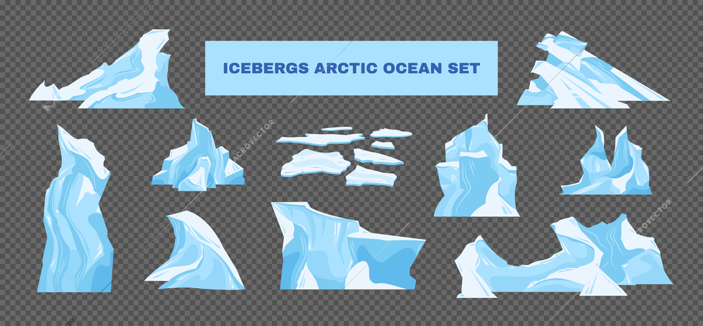 Icebergs images in arctic ocean set  on transparent background isolated vector illustration