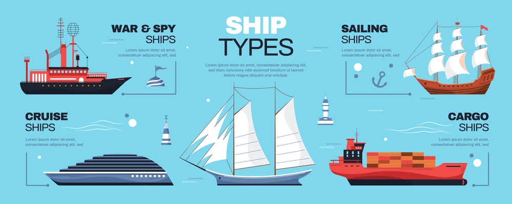 Ship types infographics background with war spy sailing cruise cargo and other sea vehicles vector illustration