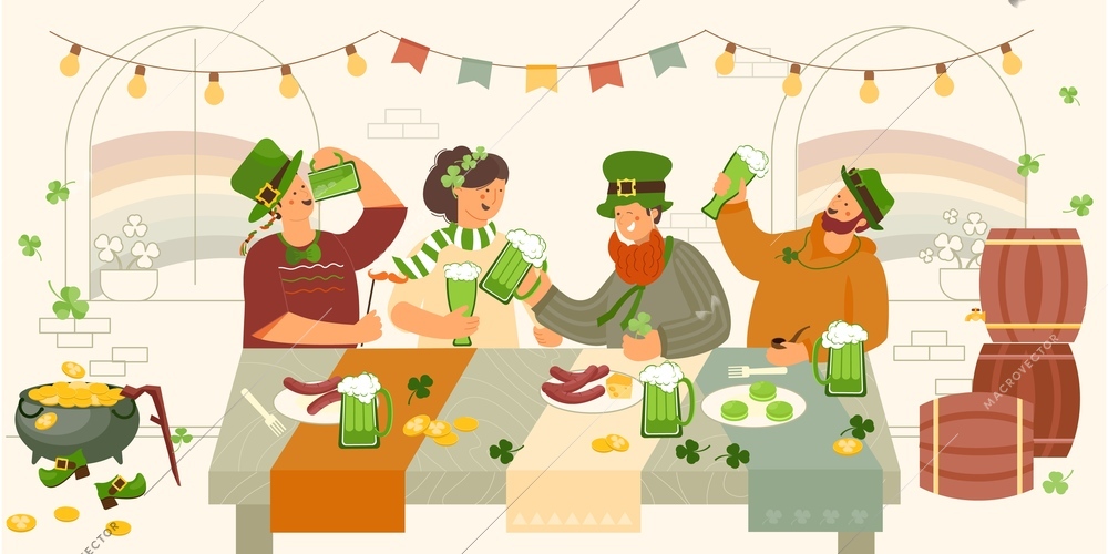 Patrick day party beer indoor composition with human characters of friends at restaurant table drinking beer vector illustration