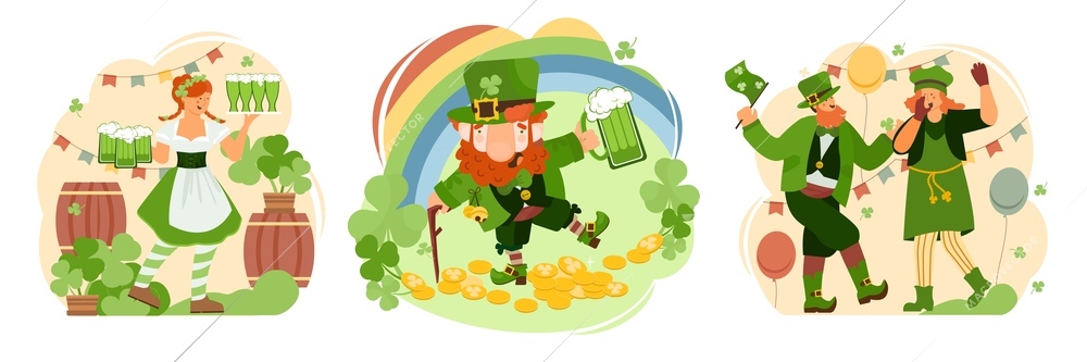 Patrick day set of three isolated compositions with festive people waitress with beer and leprechaun character vector illustration