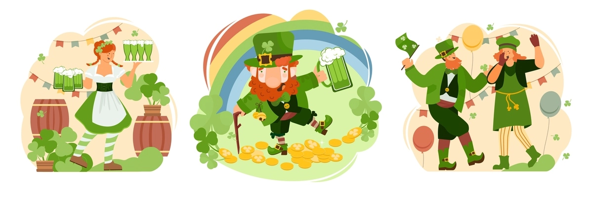 Patrick day set of three isolated compositions with festive people waitress with beer and leprechaun character vector illustration