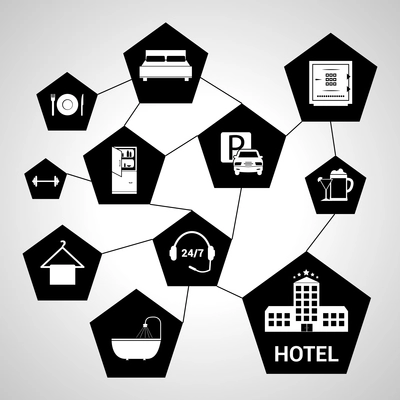 Five stars hotel concept with black hexagon services icons vector illustration