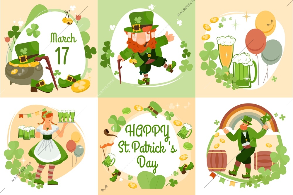 Patrick day set of six flat compositions with clover blossoms irish nation symbols and editable text vector illustration