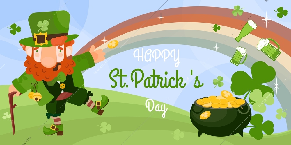 Patrick day card composition with flat background character of leprechaun with coins in pot and text vector illustration