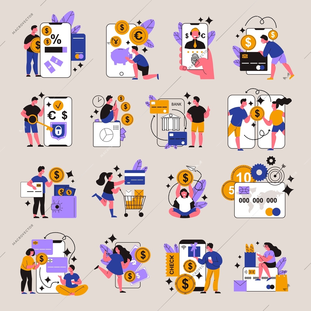 Mobile bank icon set with human characters near smartphone icons cash coins and credit card icons vector illustration