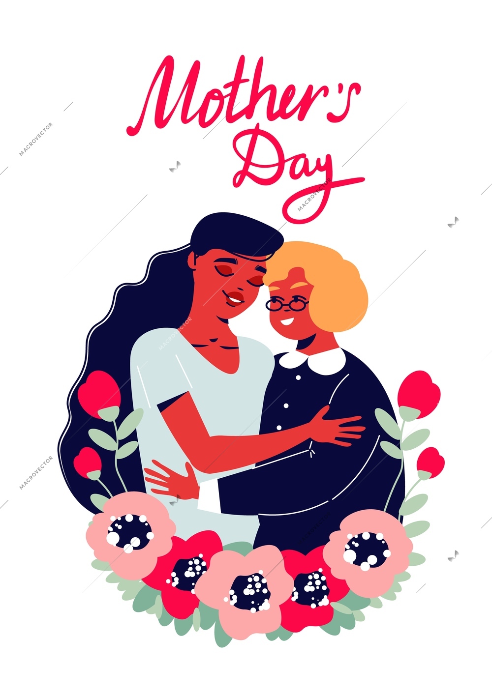 Mothers day card with doodle character of lady embracing elderly woman ornate text and flowers bunch vector illustration