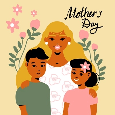 Mothers day card with ornate text and images of flowers surrounding family members mom with children vector illustration