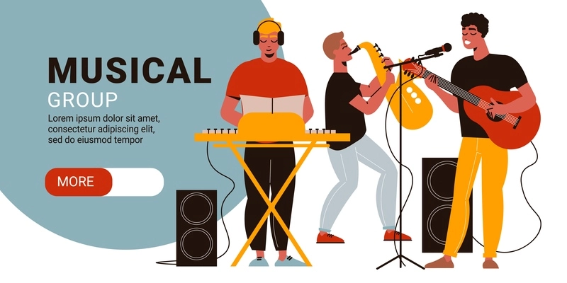 Musicians horizontal banner with editable text more button and characters of men playing on musical instruments vector illustration