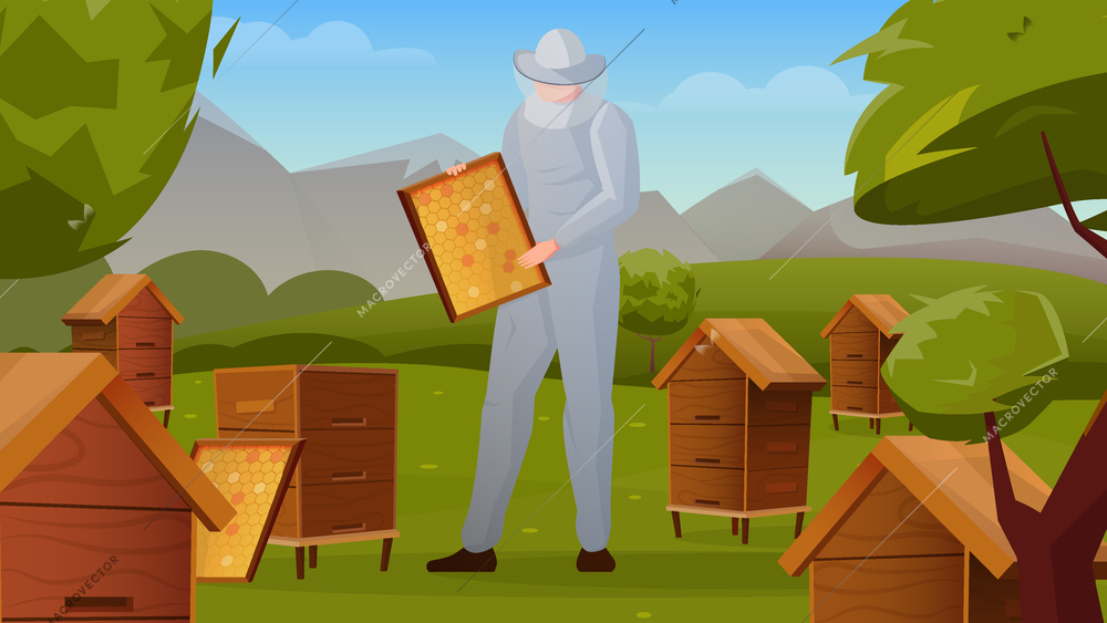 Bee apiary in rural landscape horizontal flat composition with beekeeper holding frame with honeycombs vector illustration