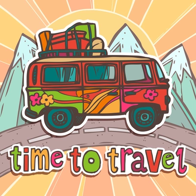 Travel vacation poster with retro bus on mountain road background vector illustration