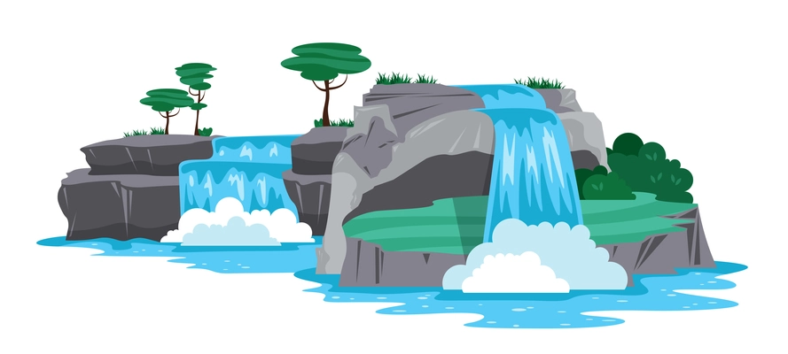 Nature landscape horizontal illustration  with cascades of waterfall and rocks cartoon vector illustration
