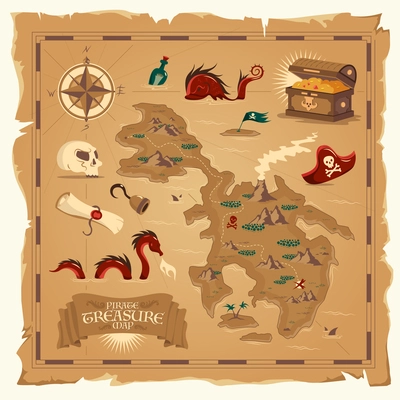 Pirate treasure map on old parchment with skull hand hook wooden chest floating bottle cartoon elements vector illustration