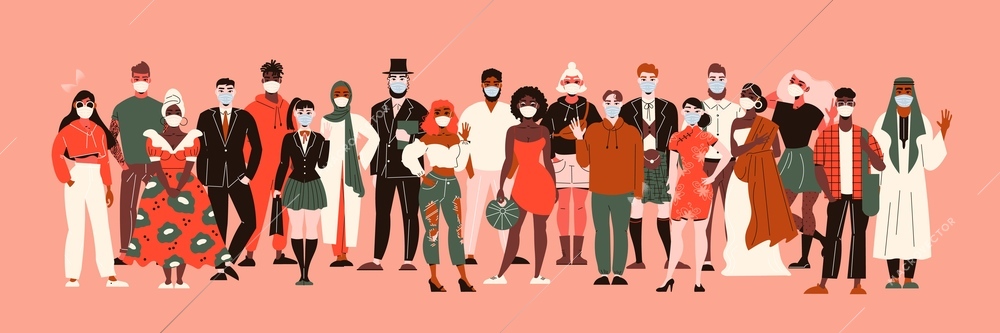 Nationality people in protection masks composition with people of colour characters different races standing in crowd vector illustration