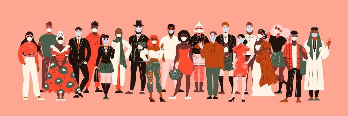 Nationality people in protection masks composition with people of colour characters different races standing in crowd vector illustration