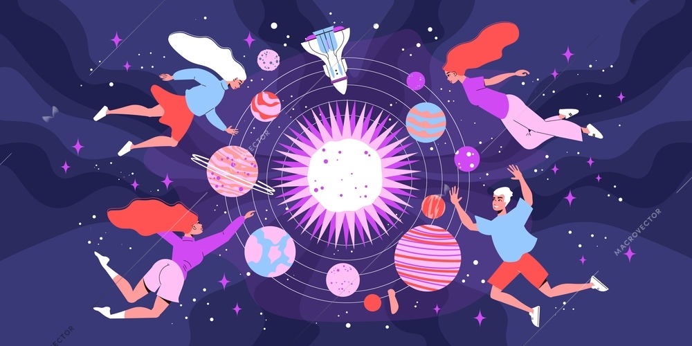 Space cosmos composition with doodle characters of young people floating on orbit among planets and stars vector illustration