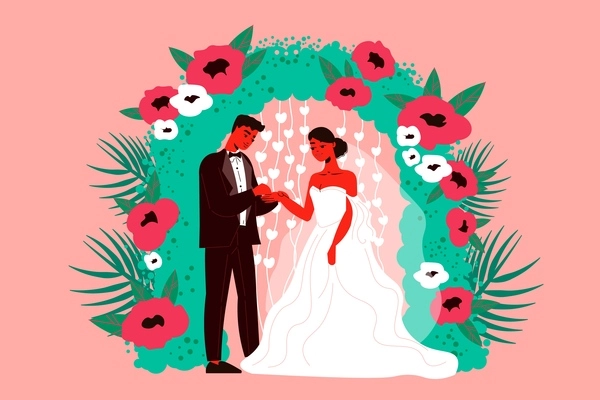 Wedding couple in floral arch composition with doodle style characters of groom and bride among flowers vector illustration