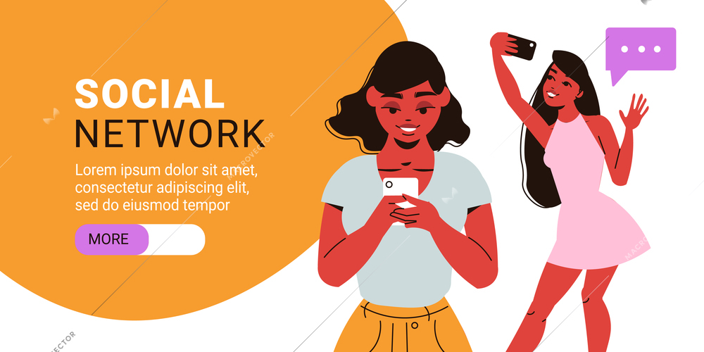 Social network horizontal banner with female characters holding smartphones with editable text and slider more button vector illustration