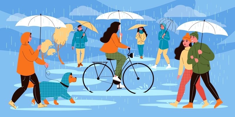 People walking umbrella rainy composition with human characters wearing autumn clothes riding bicycle and walking dog vector illustration