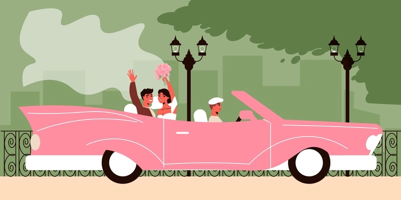 Wedding car composition with outdoor landscape with newly married couple sitting in the pink cabrio car vector illustration