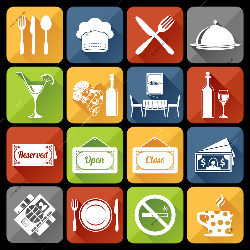 Restaurant food kitchen flat icons set with dish table platter isolated vector illustration