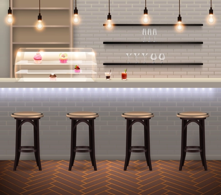 Coffee shop modern trendy interior with bar stools and counter with pastry at brick wall background realistic vector illustration