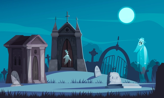 Spooky cemetery with old crypts gravestones and walking ghosts in moonlight cartoon vector illustration