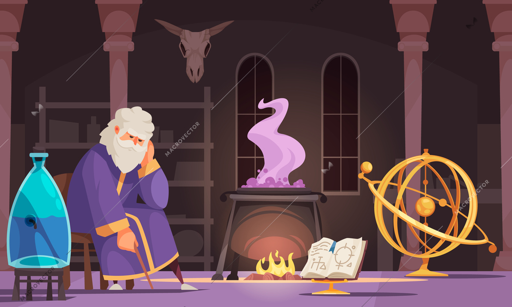 Old alchemist making potions in dark laboratory cartoon vector illustration