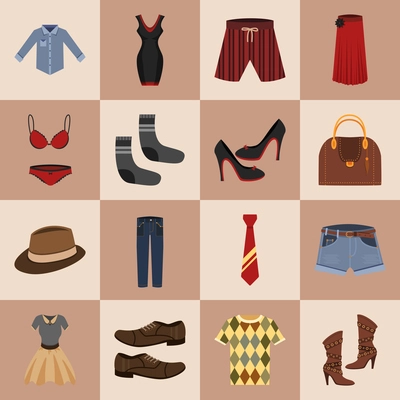 Male and female fashion stylish casual clothes and  accessory icons set vector illustration