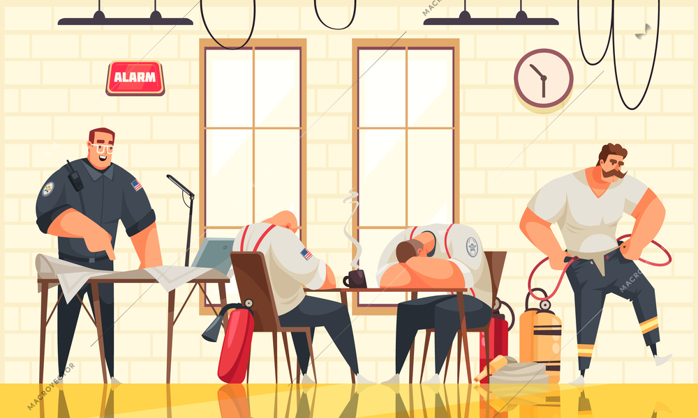 Four male firefighters having rest at fire station cartoon vector illustration