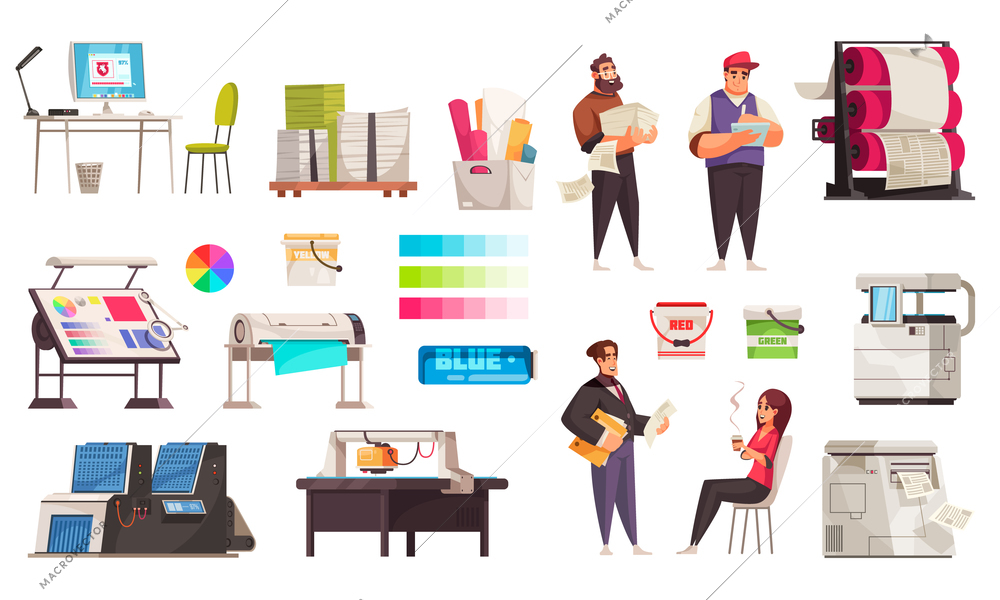 Printing house machinery tools work place and staff cartoon icons set isolated vector illustration