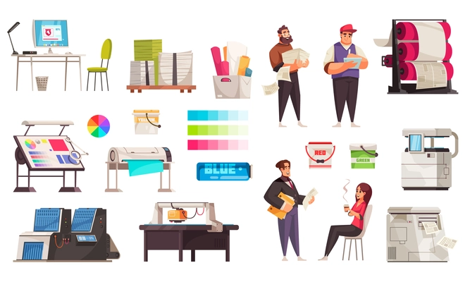 Printing house machinery tools work place and staff cartoon icons set isolated vector illustration