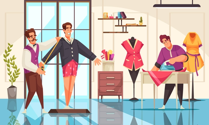 Tailors taking measurement and ironing clothing at studio cartoon vector illustration