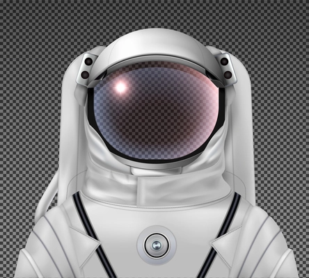 Astronaut space helmet realistic composition with image of exposure suit with head glass on transparent background vector illustration