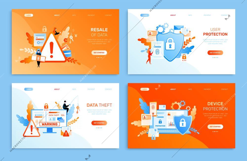 Data privacy web sites cards flat set of four horizontal banners with clickable links and buttons vector illustration