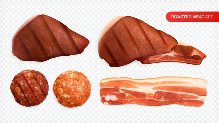 Roasted meat realistic set with images of steaks with sausage slices and bacon on transparent background vector illustration